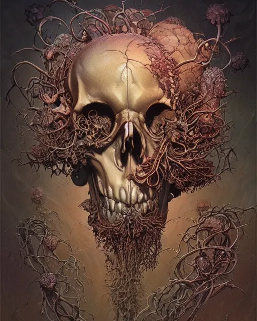 Image similar to a beautiful detailed front view of a dead rotten skull with ornate growing around, ornamentation, sculpture, elegant, beautifully soft lit, by wayne barlowe, peter mohrbacher, kelly mckernan