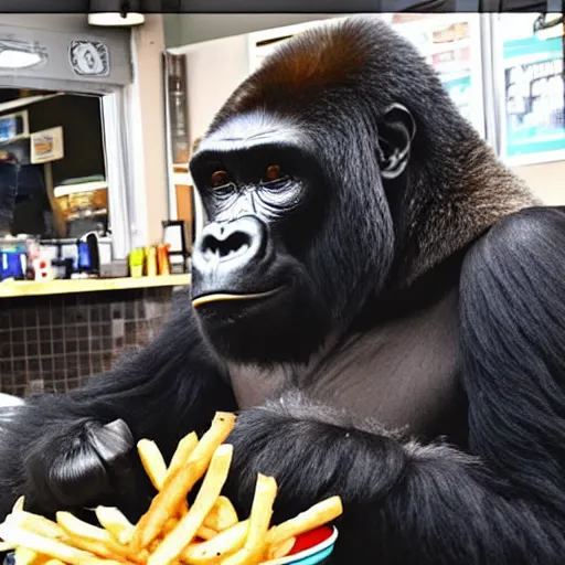 Prompt: A gorilla eating french fries in a barber shop, Go pro footage