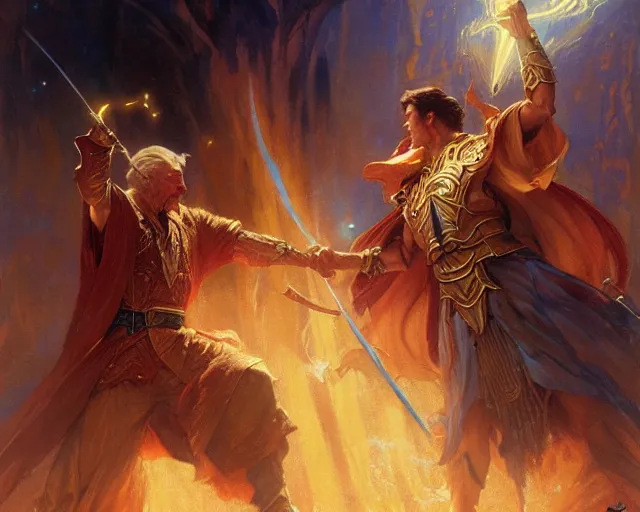 Image similar to attractive master wizard casting powerful spell in battle against another master wizard. highly detailed painting by gaston bussiere, craig mullins, j. c. leyendecker 8 k