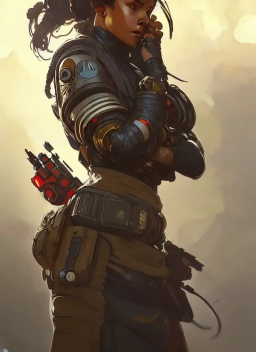 Image similar to Apex Legends Woman, highly detailed, digital painting, artstation, concept art, smooth, sharp focus, illustration, art by artgerm and greg rutkowski and alphonse mucha