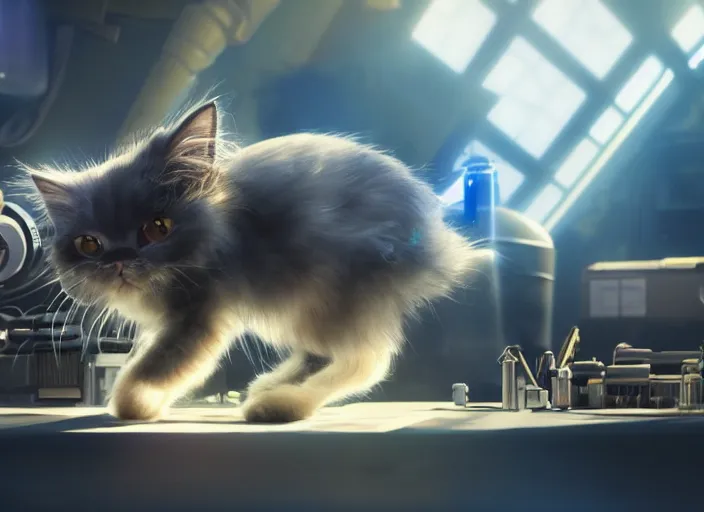 Prompt: low angle shot of a stretching persian cat wearing cyberpunk outfit on a mechanics workbench in a spaceport in a space opera studio ghibli animated film, volumetric lighting, octane render by anime, stanley artgerm lau, greg rutkowski, thomas kindkade, alphonse mucha, loish, norman rockwel, highly detailed