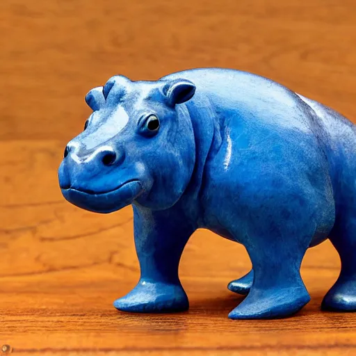 Prompt: small hippopotamus sculpture on a desk half wood and half blue epoxy sculpture, mix, decorative small, 3 5 mm macro photography, studio