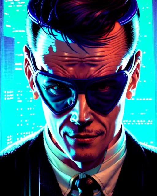 Prompt: cyberpunk synth, hyper - realistic portrait of a man in a suit with detailed background, cyberpunk, intricate, digital painting, by atey ghailan, by greg rutkowski, by greg tocchini, by james gilleard, by joe fenton, by kaethe butcher, dynamic lighting, gradient light blue, lighting color scheme, sharp focus, grunge aesthetic