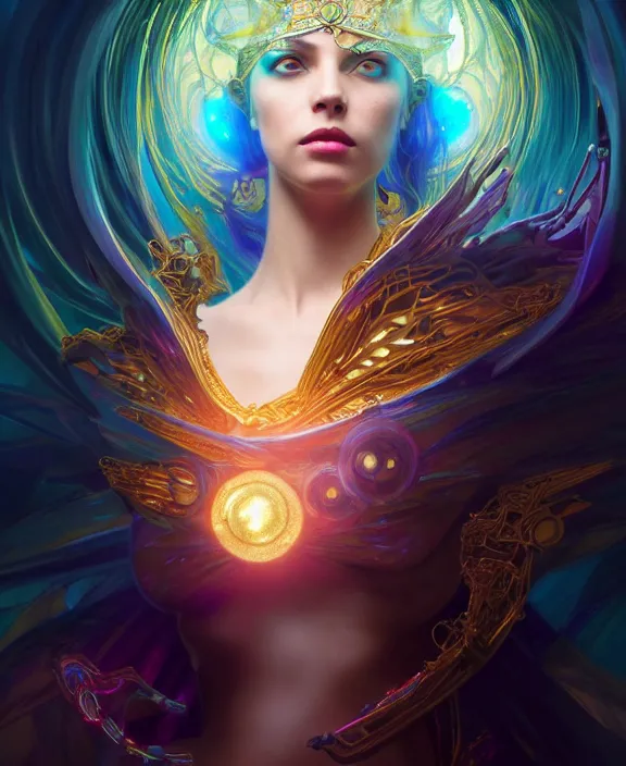 Image similar to a whirlwind of souls rushing inside the metaverse, half body, glowin eyes, tiara with sapphire, pharaoh, android, cyberpunk, d & d, fantasy, intricate, elegant, highly detailed, colorful, vivid color, digital painting, artstation, concept art, art by artgerm and greg rutkowski and alphonse mucha and ruan jia