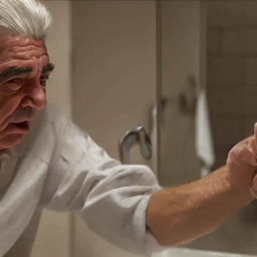 Prompt: phil leotardo in a bathroom washing his hands, realistic, photorealistic, 8 k