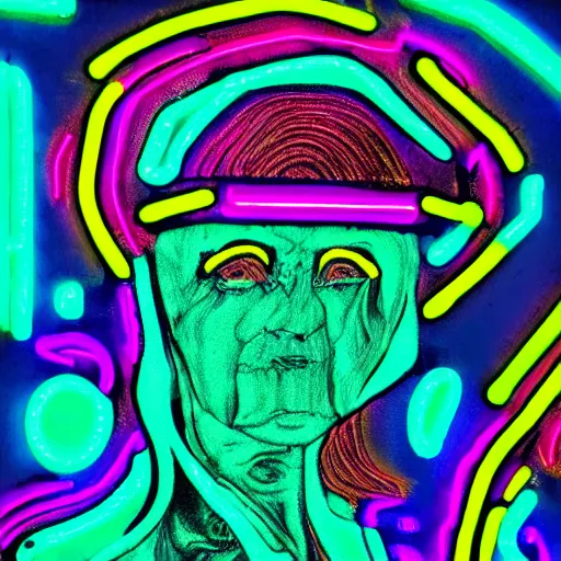 Prompt: old woman made of neon lights