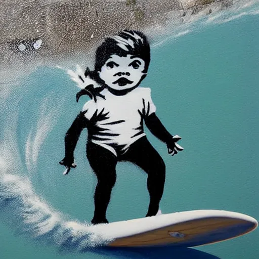 Image similar to a surfing baby painted by banksy