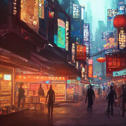 Prompt: a cyberpunk dark marketplace with heavy asian stylistic influences. the market place is where people come to buy and sell their dreams. people are reveling in the delight of experience the highly surreal dreams of others. concept art, artstation, cinematic lighting, highly detailed, 8 k, sharp render