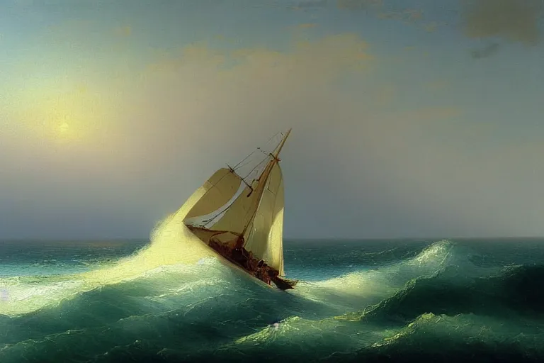 Image similar to a painting of a sailboat in the ocean by ivan aivazovsky, deviantart, american scene painting, matte painting, oil on canvas, deviantart