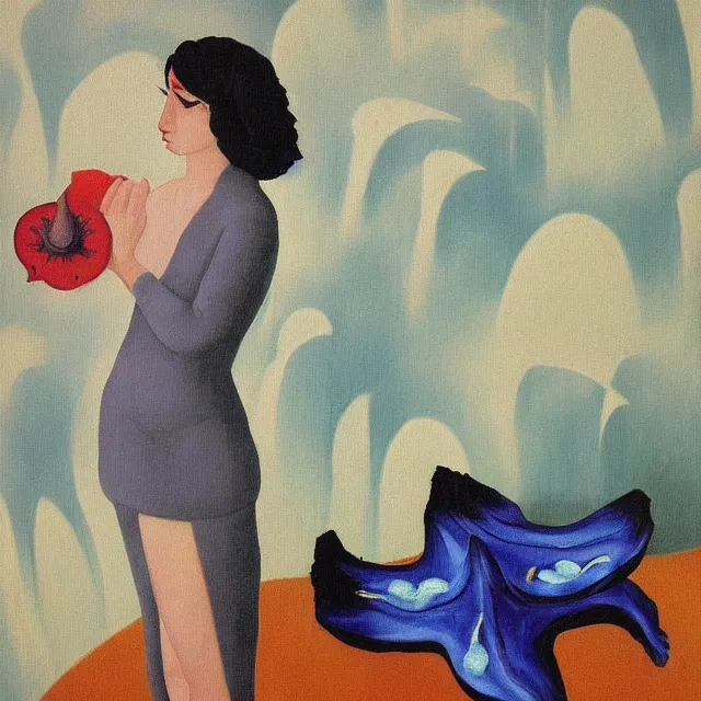 Image similar to tall emo female artist holding a blue starfish in her flooded kitchen, pomegranates, octopus, water gushing from ceiling, painting of flood waters inside an artist's apartment, a river flooding indoors, ikebana, zen, rapids, waterfall, black swans, canoe, berries, acrylic on canvas, surrealist, by magritte and monet