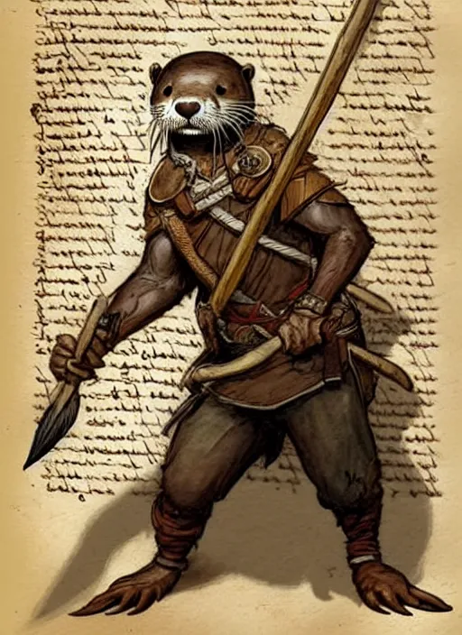 Image similar to a heroic otter scout with spear on a parchment background, redwall, greg rutowski and jean baptiste monge, detailed, epic fantasy concept art