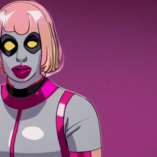 Prompt: A still of Gwenpool in Deadpool 3 (2023), no mask, blonde hair with pink highlights