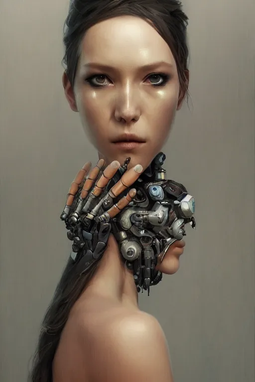 Image similar to a fancy portrait of a half robot half alien women by Greg Rutkowski, Sung Choi, Mitchell Mohrhauser, Maciej Kuciara, Johnson Ting, Maxim Verehin, Peter Konig, final fantasy , 8k photorealistic, cinematic lighting, HD, high details, atmospheric , trending on artstation