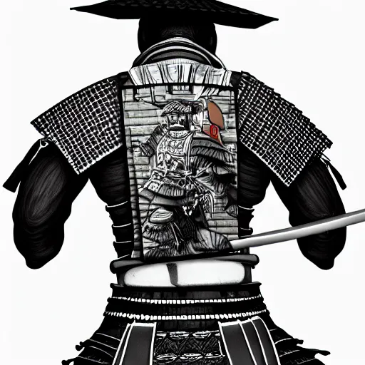 Image similar to entire body portrait from behind samurai that holds chain art inkstyle brush sketch octal render ultra detailed