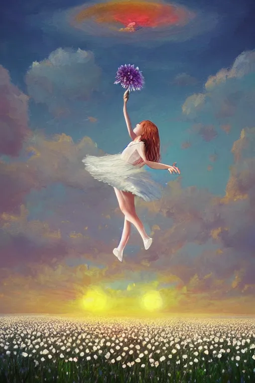 Image similar to giant white daisies flower as head, girl dancing in a flower field, surreal photography, sunrise, dramatic light, impressionist painting, colorful clouds, digital painting, artstation, simon stalenhag