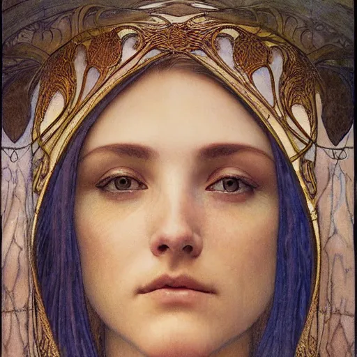 Image similar to detailed realistic beautiful young medieval queen face portrait by jean delville, alphonse mucha, and marco mazzoni, art nouveau, symbolist, visionary, gothic, pre - raphaelite