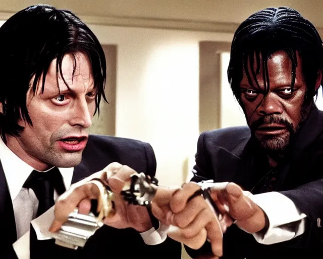 Image similar to Mads Mikkelsen as Vincent Vega in Pulp Fiction with Samuel Leroy Jackson