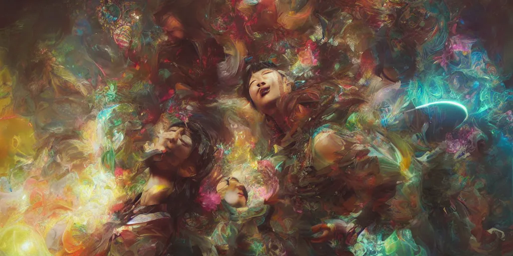 Prompt: Psychedelic vision of the feeling of happiness by Stanley Artgerm Lau, Ruan Jia and Fenghua Zhong