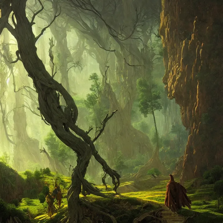Prompt: a detailed landscape painting inspired by moebius and beksinski of a great forest with path and man with a cape over his head. fantasy poster. cinematic fantasy scene. aurora lighting. fantasy. carl spitzweg. baroque elements. baroque element. intricate artwork by caravaggio. oil painting. award winning. dramatic. trending on artstation. 8 k