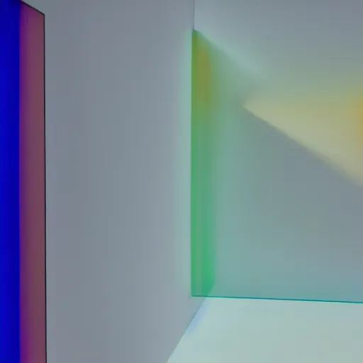 Image similar to an ultra high definition professional studio quality photograph of a transparent iridescent perspex pastel coloured sculpture in an empty white room. dramatic lighting, ray tracing, refraction, shallow d. o. f, colour corrected, golden ratio, three point light. volumetric shadows. god rays.