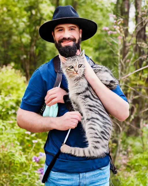 Image similar to gentlemen wearing a hat with floral print and wearing a baby sling on the back with a kitten in the sling, color studio portrait, golden ratio, backlit, happy, detailed eyes