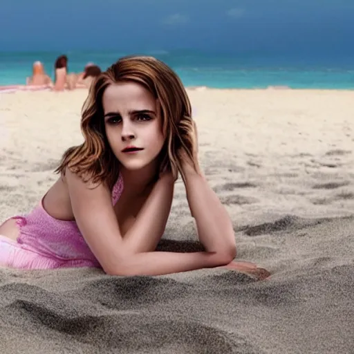 Image similar to sultry Emma Watson relaxing on a French beach, award winning, photorealistic portrait, 8k