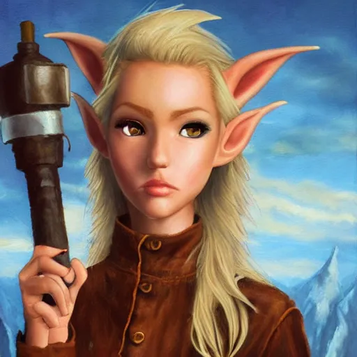 Image similar to close up headshot of a skinny female high-fantasy elf with a long face narrow chin and short spiky blonde hair wearing dark brown overalls and holding a bomb next to a destroyed car, gel spiked blond hair, small ears, narrow lips, high resolution film still, HDR color, painting by artgerm