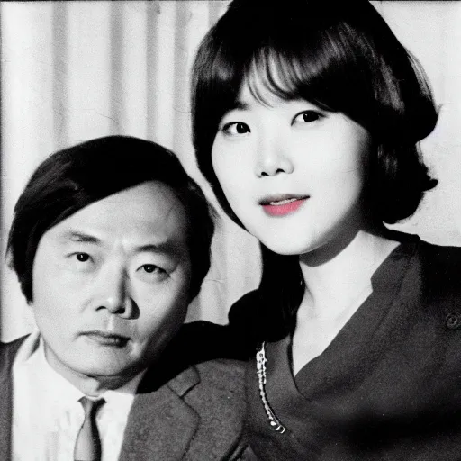 Image similar to 1960s press archive of the actress Choi Eun-Hee and director Shin Sang-ok, Reuters, 35mm film, film grain, mysterious exterior, flash and flare, underexposed