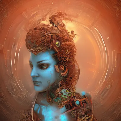 Prompt: beautiful symmetrical happy woman shaped time machine axonometric mechanical fantasy intricate elegant highly detailed in volumetric void of latent space lush flowers surround,, intricate jewellery, realm of the gods golden turquoise steampunk, high contrast cinematic light, mystical shadows, octane render, photographic, concept art, art high renaissance art, unreal engine 8 k