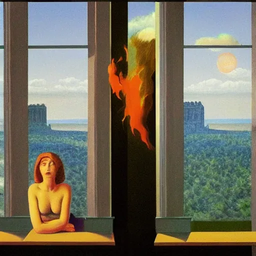 Image similar to hell by Raphael Hopper, and Rene Magritte. Extremely Highly detailed, Occult, funny, humorous, humor, hilarious, funny, entertaining, magical, Trending on artstationHQ