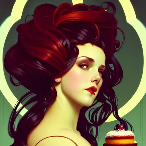 Image similar to curvy woman with a bundt cake as hair, digital art, cinematic, concept art, 8k, painting, imaginefx, cgsociety, art nouveau, Alphonse Mucha, trending on artstation, wide shot, full shot