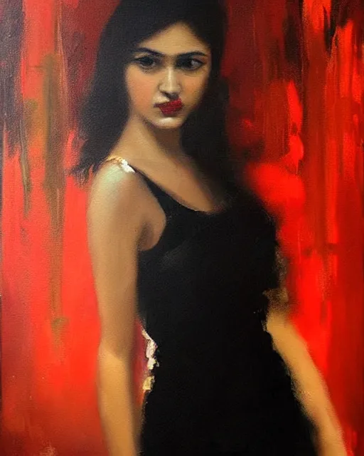 Prompt: beautiful portrait painting an gorgeous delhi girl wearing a little black dress at a nightclub, red lighting, oil painting, art by ruan jia