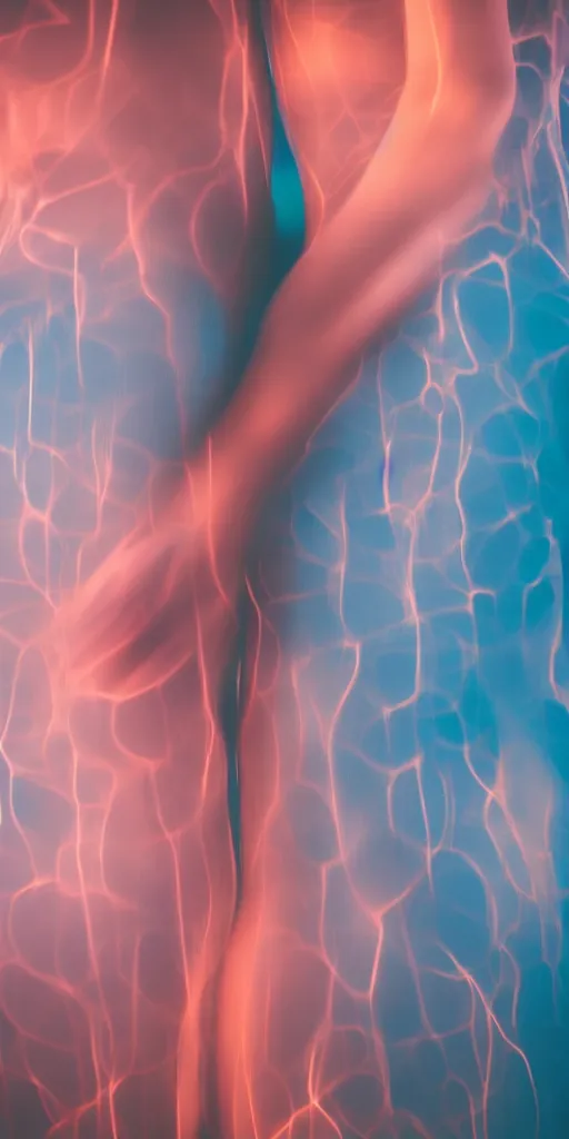 Image similar to a blurry closeup picture of abstract gorgeous human bodies gripping each other tightly, macro photography, long exposure photograph, surrealism, anamorphic bokeh, orange and cyan lighting, cinematic