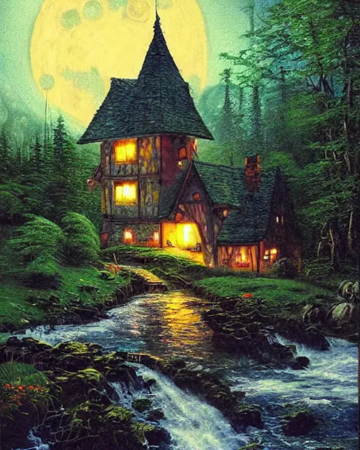 Prompt: super detailed ultra realistic oil painting of a witches house along a river with waterfalls under the moon concept art by norman rockwell and by thomas kinkade