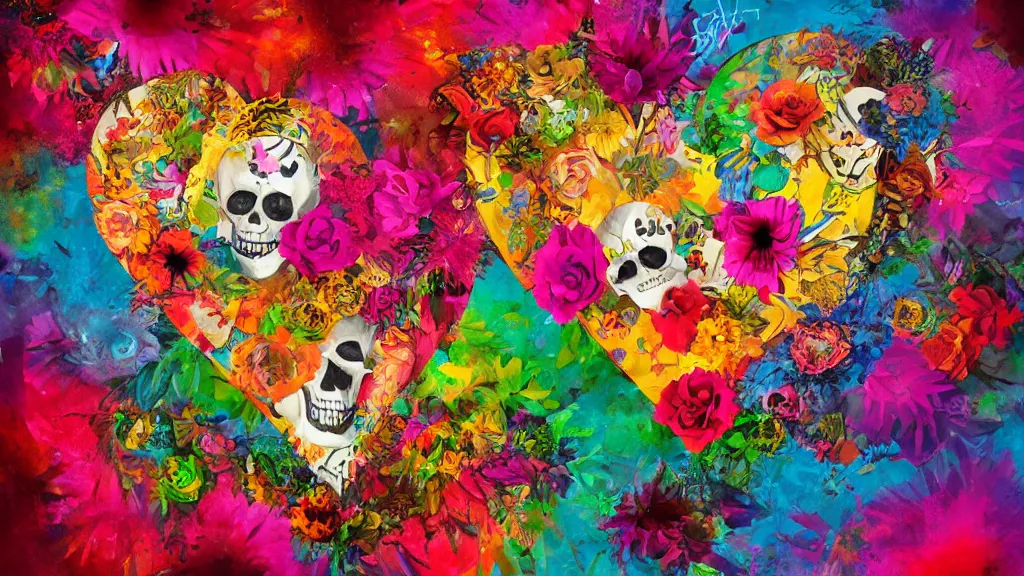 Prompt: stunning colorfull mixed media art, flowers, heart symbol, skulls, art by cgsociety, 8 k, high resolution