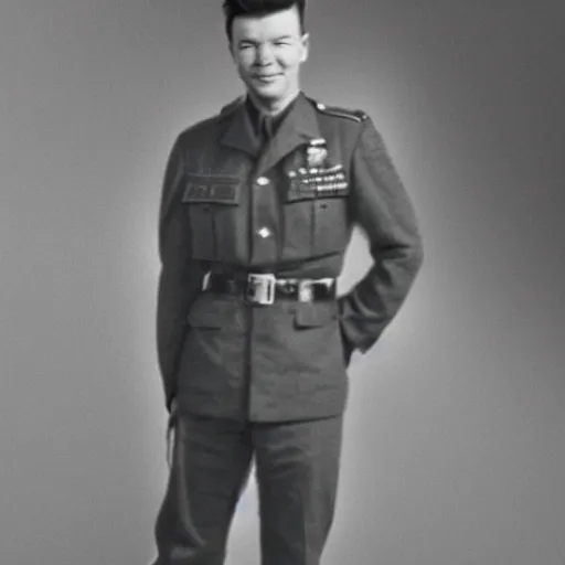 Image similar to Rick Astley as a soldier during WW2, grainy monocolour photo