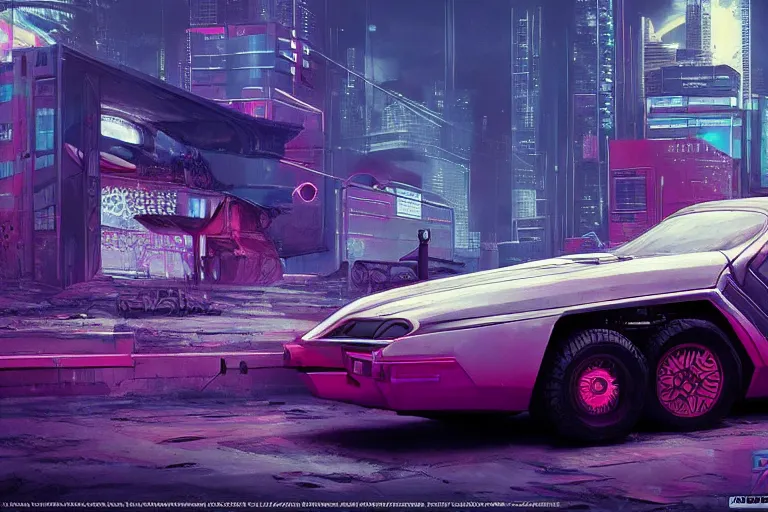 Image similar to cyberpunk synthwave an old soviet car pobeda in the soviet yard, intricate, elegant, concept art, smooth, sharp, focus, futuristic, cgsociety, in the style of artstation