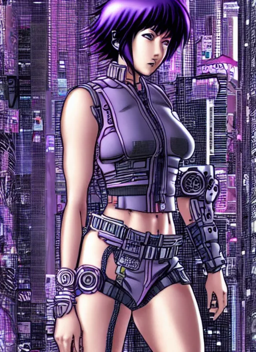 Image similar to motoko kusanagi in grungy cyberpunk megacity, intricate and finely detailed, cyberpunk vaporwave, portrait by j scott campbell