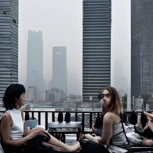 Image similar to a small rooftop with a couple of people sitting and watching the view, wearing black modern clothes, designed by rick owens, messy short hair, modern shanghai bund in smog is on the background, sunset, pale colors, by gregory crewdson