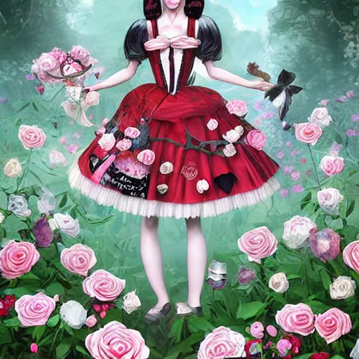 Prompt: Alice in Wonderland at the tea party, she looks like a mix of grimes, Aurora Aksnes and zoë Kravitz, sweet and innocent, surrounded by red and white roses, digital illustration, inspired by Aeon Flux, Japanese shoujo manga, and Alexander McQueen fashion, hyper detailed, dreamlike, incredibly ethereal, super photorealistic, iridescent colors, Tyndall effect, extremely fine inking lines