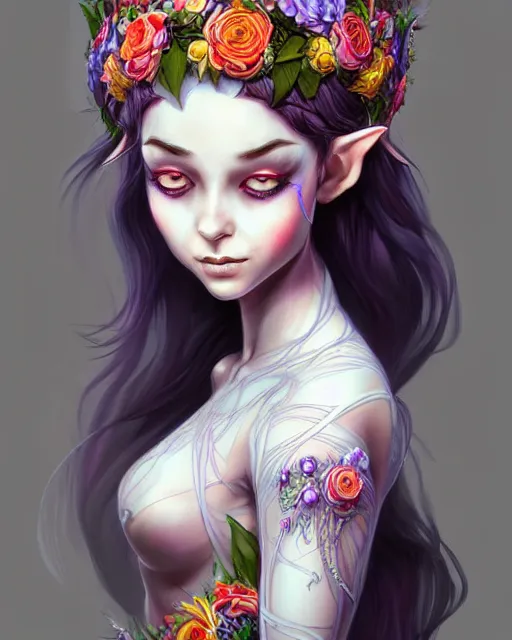 Image similar to digital art, centered full body elven bride, vivid flower crown ,intricate, veins, by James Jean and by artgerm, by ross tran , ultradetailed, charachter design, concept art, trending on artstation,