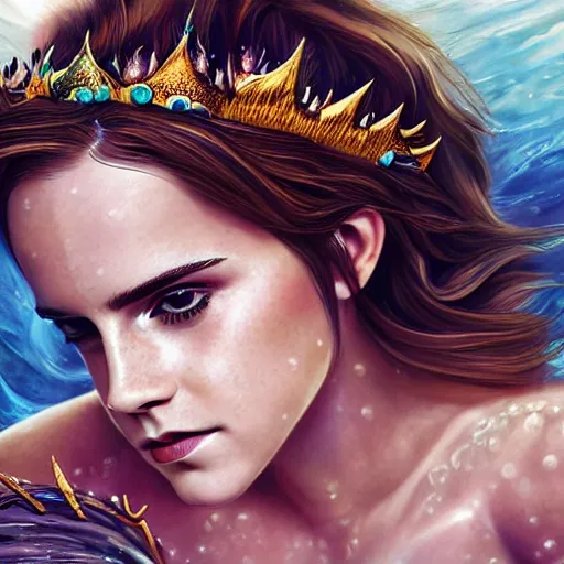 Prompt: emma watson portrait, fantasy, mermaid, hyperrealistic, game character, underwater, highly detailed, sharp focus, cinematic lighting, pearls, glowing hair, shells, gills, crown, water, highlights, starfish, jewelry, realistic, digital art, pastel, magic, fiction, ocean, king, colorful hair, sparkly eyes, fish, heroic, goddess, waves, bubbles, queen