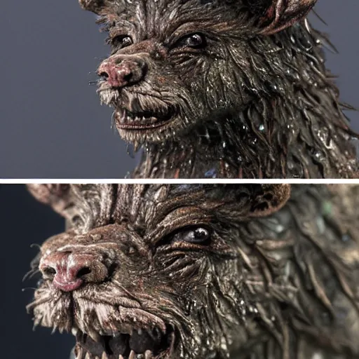 Prompt: photo taken of an epic intricate, ultra detailed, super realistic gritty, wet, lifelike sculpture of an cute furry monster with bioluminescent patches of skin created by weta workshop, zoomed in shots, subsurface scattering, photorealistic, sharp focus, white wall coloured workshop, cold colour temperature, f 0. 4, face centred, golden ratio