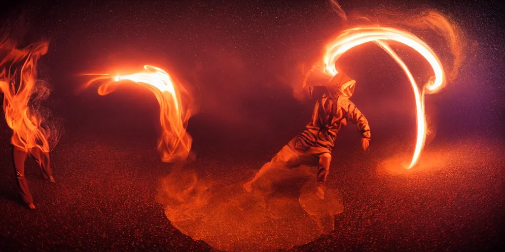 Image similar to fisheye slow motion with trail fire effect of futuristic break dancer wearing long dark cloak with glitter and golden helmet emitting fire, long exposure shot , enigmatic, at night in the middle of the arctic with red light A letter, paddle of water, steam, fog, water splashes, rim lights, glossy reflections, water droplets on lens, octane render, Volumetric dynamic lighting, stunning cover magazine, high details, hajime sorayama, glints, lens flares