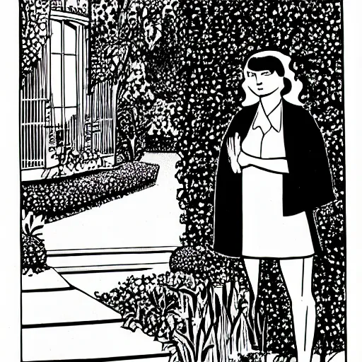 Prompt: comic book panel of a woman standing in a french garden, unidentified being lurking behind her, by gilbert hernandez