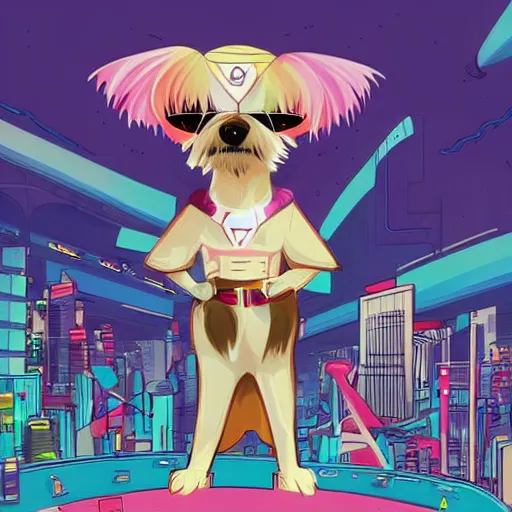 Prompt: cream colored havanese dog dressed as a super hero, tight shot, futuristic city, daytime, bright colors, highly coherent, saga comic, graphic novel, fiona staples