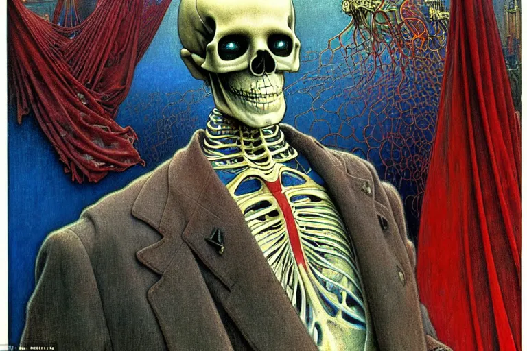 Image similar to realistic detailed closeup portrait painting of a single skeleton wearing crimson velvet blazer in a crowded futuristic moscow street by Jean Delville, Amano, Yves Tanguy, Alphonse Mucha, Ernst Haeckel, Ilya Repin, Edward Robert Hughes, Andrei Tarkovsky, Roger Dean, rich moody colours, blue eyes