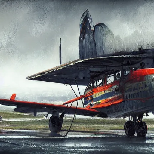 Prompt: movie frame of a vintage scrappy aircraft parked on the tarmac on a misty but epic day, wet ground, neon lights, very wide angle shot, by ian mcque, robert valley, tom bagshaw, global illumination