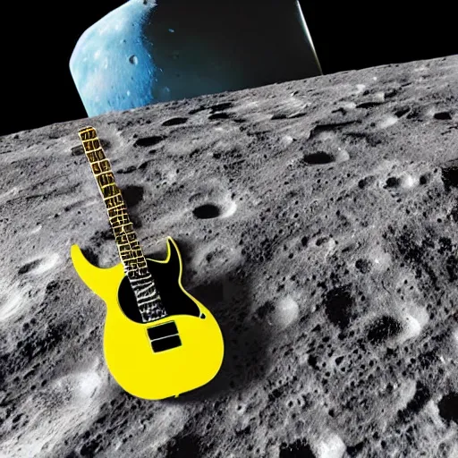 Image similar to a detailed, realistic, idle, regular sized electric guitar next to a detailed, realistic, idle, regular sized beer can on the moon. detailed photo. realistic photo