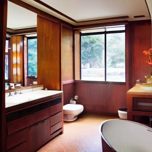 Image similar to a large stocked bathroom designed by Frank Lloyd Wright, bright lights, a bidet, a toilet, two cabinets, a full mirror, wide angle shot